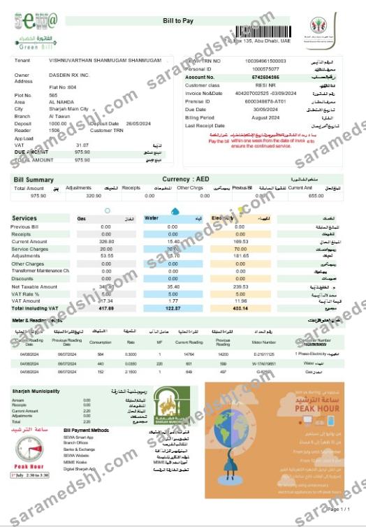 UAE ABU DHABI DISTRIBUTION CO. business utility bill Word and PDF template